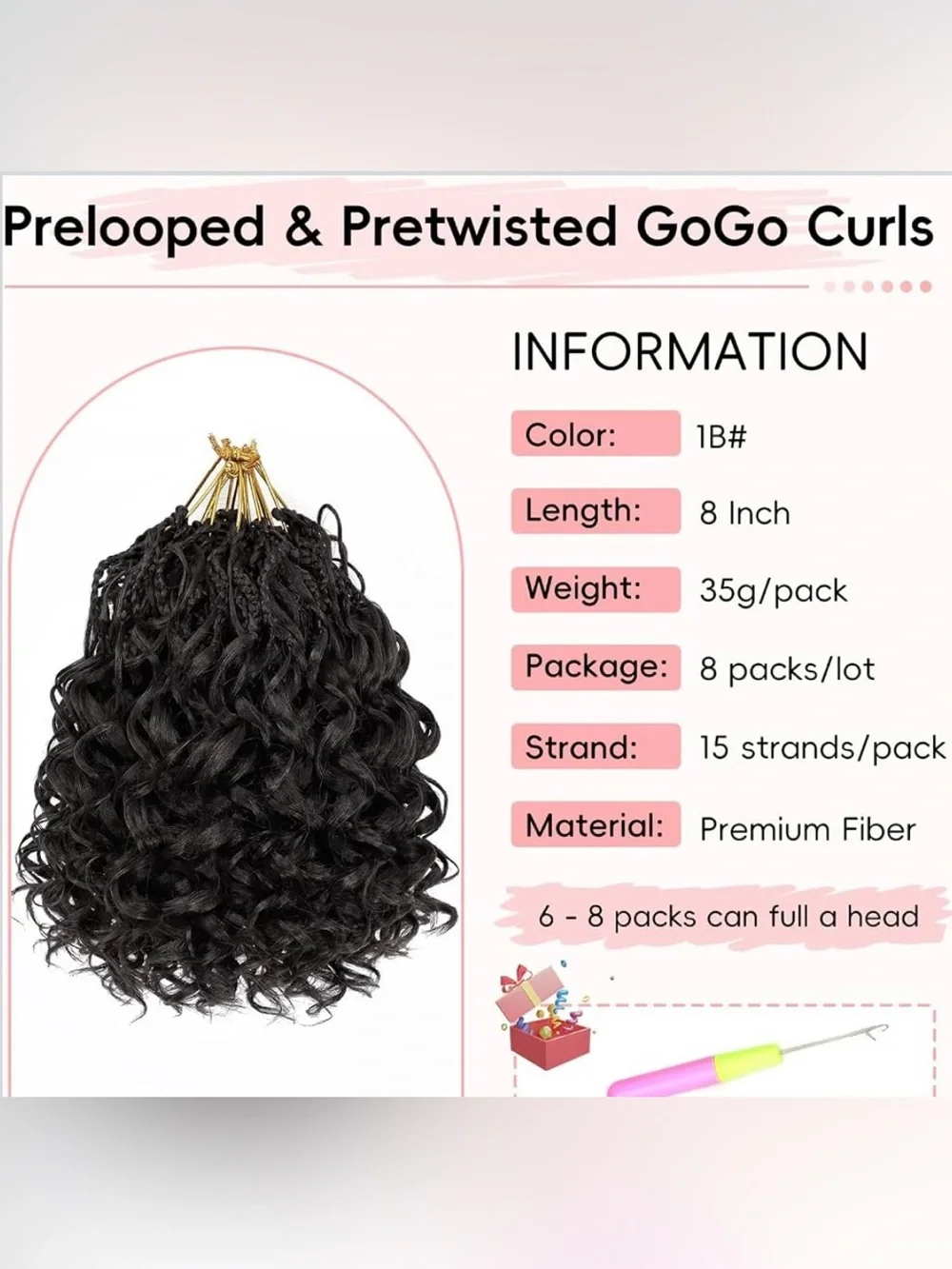 Pre-Twisted Gogo Curly Crochet Hair 8” - 8 Packs 1B